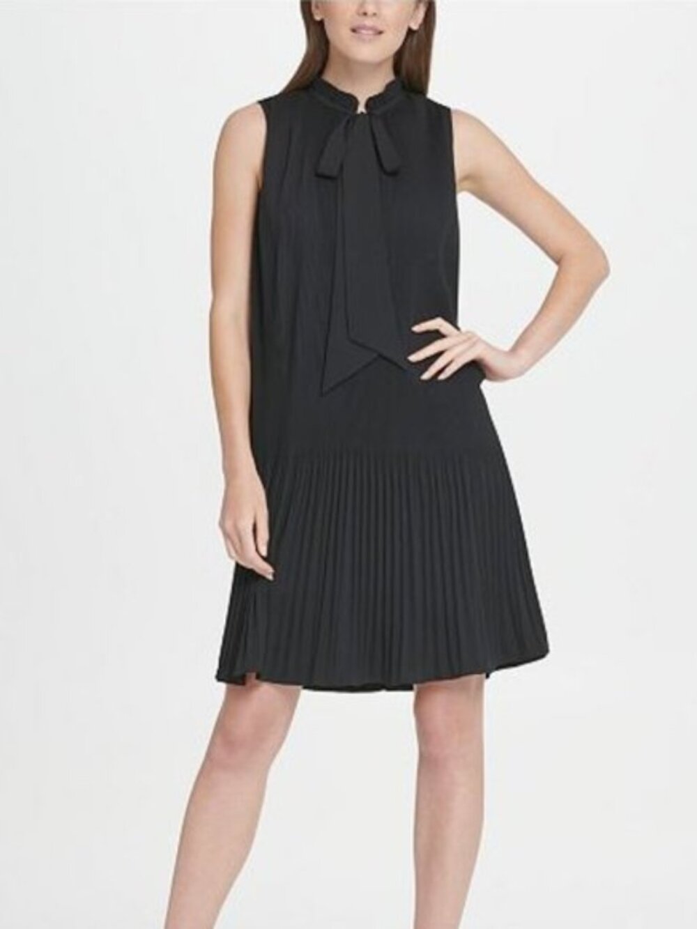 DKNY Black Sleeveless Chiffon Hem Pleated Dress - Classic Career Cocktail LBD
